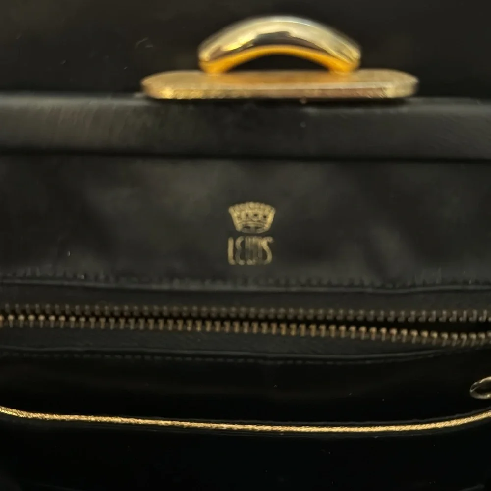 Vintage black leather Crown Lewis purse bag w/ gold chain - Picture 9 of 11